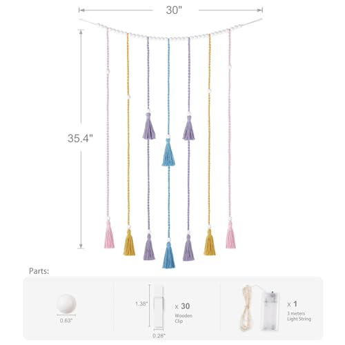 Mkono Macrame Hanging Photo Display Wall Decor with String Lights Boho Room Bedroom Wooden Beads Garland Picture Greeting Cards Holder with 30 Clips - color: Multi Color, size: Medium