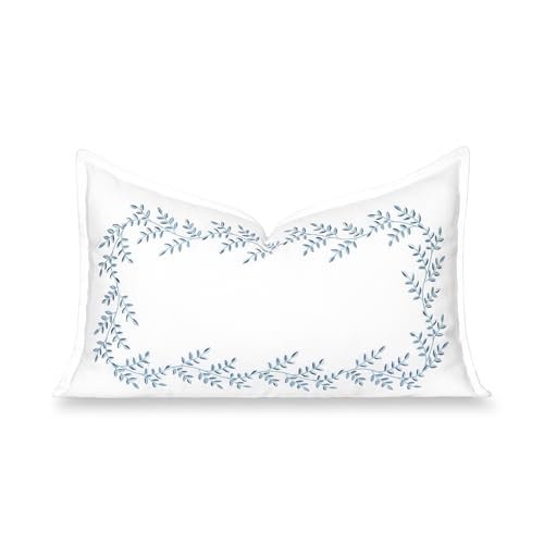 Hofdeco Premium Grandmillennial Coastal Hampton Patio Indoor Outdoor Lumbar Pillow Cover Only, 12"x20" Water Repellent for Backyard, Couch, Poolside, Baby Blue Embroidered Leaves Frame - color: Baby Blue Leaves Frame 12"x20"