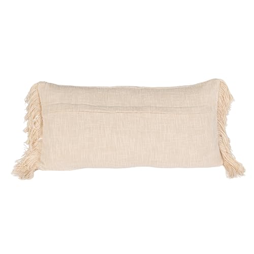 Bloomingville Embroidered Cotton Lumbar Pillow with Fringe, Earthen Multicolors - color: Hunter Green, Yellow, Brown, Orange