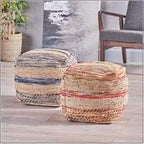 Christopher Knight Home Lola Boho Hemp and Wool Pouf, Natural and Blue