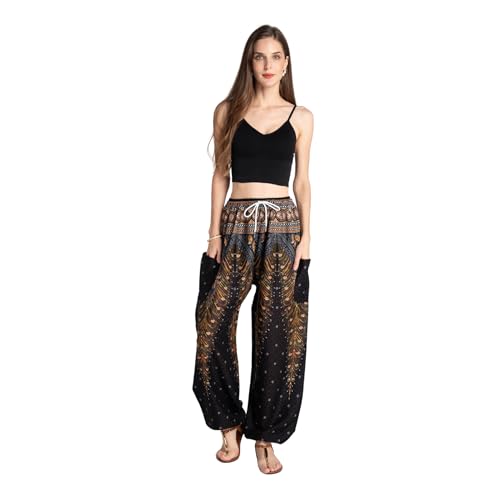 Tranquil Threads Women's Harem Pants with Pockets and Drawstring, Hippie Boho Yoga Clothes - color: Golden Black, size: Small