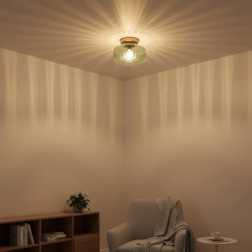 Sage Green Ribbed Glass Semi-Flush Mount Ceiling Light, 8.66" Mid-Century Modern Gold Light Fixture, E26 Base 1-Light Ceiling Lamp for Bedroom Bathroom Kitchen Hallway - color: Small, 8.66" Mint Green