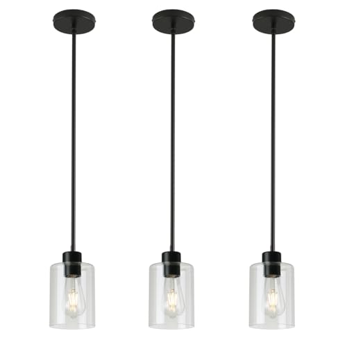 3 Pack Black Pendant Lights Kitchen Island, Modern Industrial Matte Black Hanging Light Fixtures, Adjustable Downrod Farmhouse Glass Pendant Lighting for Dining Room Bedroom Hallway Entryway - color: Black 3 Pack Stem Rod