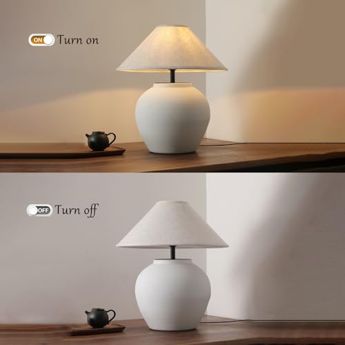 Farmhouse Table Lamps Black 18.8" Tall Ceramic Table Lamp Rustic Southwestern Clay Pot Ceramic Lampshade with Fabric Shade Bedside Nightstand for Living Room Bedroom House Office Entryway (White) - color: White