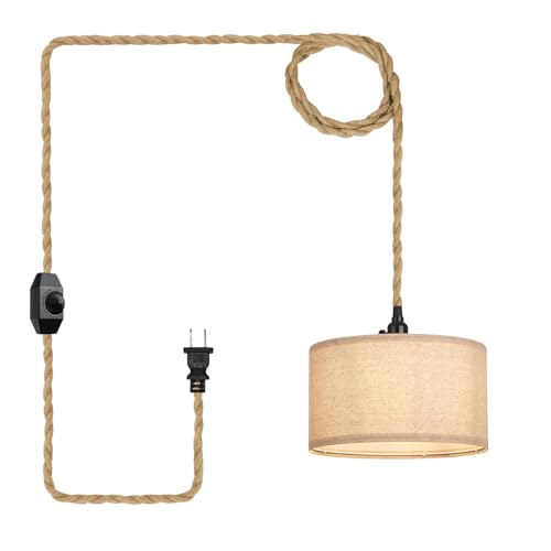 Plug in Pendant Lights Fabric Hanging Lamp Kit with Dimmable Switch 15 Ft Long Hemp Rope Farmhouse Pndant Light Cord Lighting Fixture DIY Hanging Light - size: 1 Light Fabric