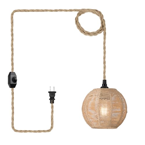 15ft Plug in Pendant Light with Cord Dimmable Switch Rattan Hanging Lamp with Hand Woven Wicker Plug in Chandelier Boho Hanging Lights Fixture for Bedroom Kitchen Hallway Foyer - size: Plug 1 Light Round