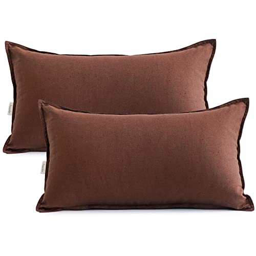Jeanerlor Natural Cotton Linen Green Decorative 12"x20" Throw Pillow Case Cushion Cover with Twin Needles Stitch on Edge for Lumbar, (30 x 50cm), 2 Pcs, Reddish Brown - color: Reddish Brown, size: 20" x 12" (Pack of 2)