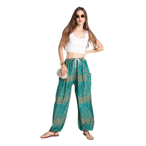Tranquil Threads Women's Harem Pants with Pockets and Drawstring, Hippie Boho Yoga Clothes - color: Teal Reverie, size: X-Small