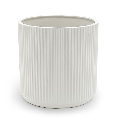 Amazon Basics Fluted Ceramic Planter Pot for Indoor Outdoor Plants, Round Flower Pot with Drainage Hole, 10-inch, White - color: White, size: 10 in