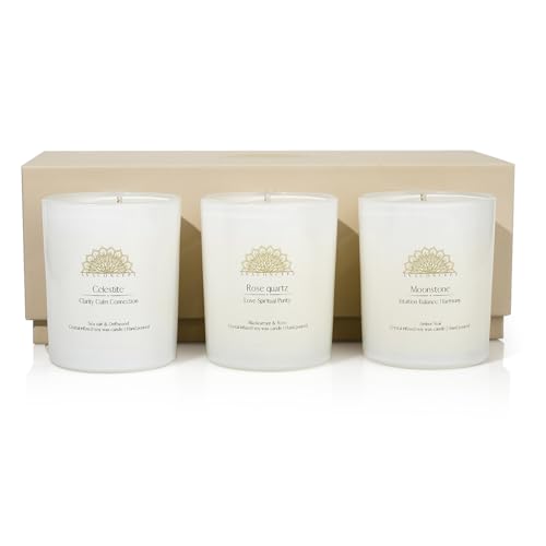 AvaConcept Healing Crystal Candle Gift Set – Set of 3 Celestite, Rose Quartz & Moonstone Hand-Poured Soy Wax Sea Salt Driftwood, Blackcurrant Rose & Amber Noir Aromatherapy Scents Premium Gift Box - size: 3.5oz, style: Sea Salt Driftwood, Blackcurrant Ros