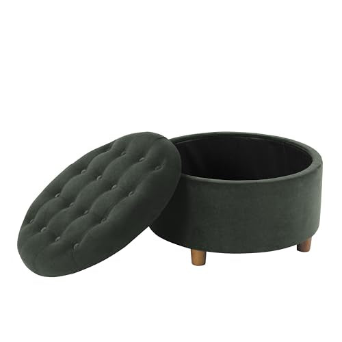 HomePop Home Decor | Large Button Tufted Velvet Round Storage Ottoman | Ottoman with Storage for Living Room & Bedroom, Loden Green Velvet, 28" - color: Loden Green Velvet
