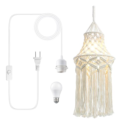 Boho Lamp Plug in Pendant Light, 15 FT Hanging Lights with Plug in Cord, Hanging Lamp with Handmade Macrame Lamp Shade, On/Off Switch, Hanging Light Fixture for Bohemian Decor Bedroom Living Room - color: White