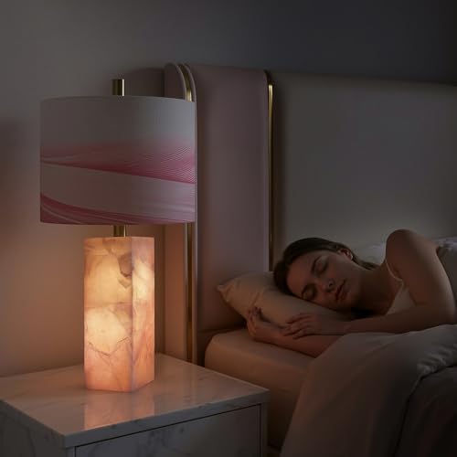 Scenekoy 23" Alabaster Table Lamp Set of 2 with Night Light for Bedroom Living Room, Rotary Switch, Pink Modern Table Lamp with Linen Shade, Nightstand Lamps for Room Bedside Office (Bulb Included) - color: Pink