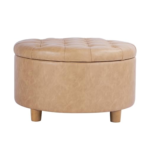 HomePop 28" Button Round Storage Ottoman - Light Camel Faux Leather - color: Light Camel Faux Leather
