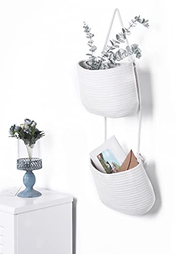 Over The Door Hanging Basket, 2 Tier Cotton Rope Woven Baskets, Magazine Racks, Wall Mount Hanging Storage Baskets,Decorative Door Organizers for Living Room, Bathroom and Bedroom (White) - color: White