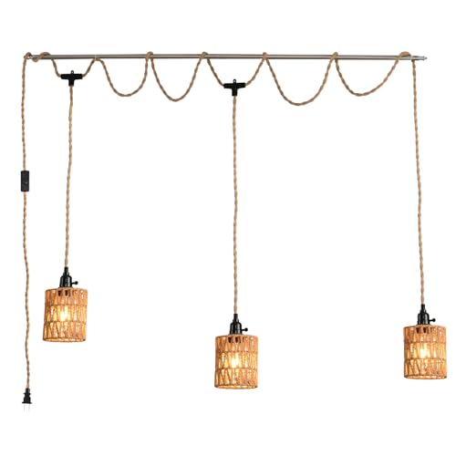 3-Light Hanging Light with Plug in Cord,Plug in Pendant Light 22ft Hemp Rope Pendant Lighting Vintage 3-Light Hanging Lamp Fixtures for Kitchen Island Living Room Bedroom - color: 3 Light Hemp Rope