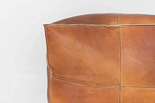 ARTOUARZAZATE Square Leather Pouf - Moroccan Pouf - Genuine Goatskin Leather - Bohemian Living Room Decor - Hassock & Ottoman Footstool - Unstuffed (Brown, 18" D x 18" W x 14" H) - color: Brown