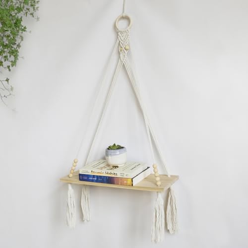 HVEST Macrame Wall Hanging Shelf Boho Wall Decor Floating Storage Book Shelf Beige Handmade Woven Tapestry for Bedroom Living Room Dorm Nursery Bathroom Wall Art Macrame Plant Hanger - color: Beige