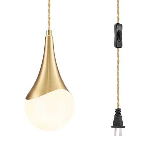 MWZ Gold Plug in Pendant Light,Hanging Lights with Plug in Cord On/Off Switch, Mini Brass Pendant Lights for Kitchen Island,1-Light Modern Raindrop Chandelier Lamps with Milky White Globe Glass Shade - color: Gold+White, size: 1 Pack-Plug in