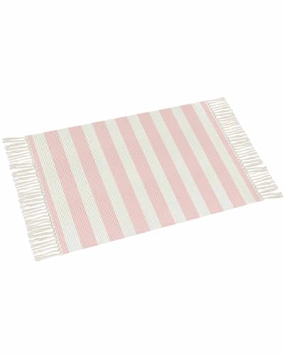 Pink Stripes Bathroom Rug 2'x3', Woven Cotton Area Rug with Tassels Washable Front Door Rugs, Farmhouse White Simple Vertical Striped Non Slip Throw Runner Rug Carpet for Entry Laundry Kitchen - color: Pink, size: 2 x 3 ft