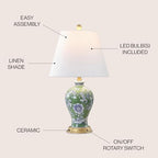 JONATHAN Y 24" Green/White French Country Ceramic Floral Urn Table Lamp, White Linen Shade, Chinoiserie Ginger Jar Bedside Lamp for Living Room Bedroom, LED Bulb (JYL3009F) - color: Green/White