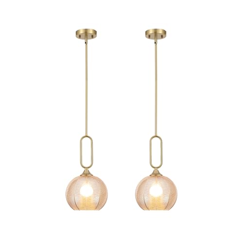 Amber Glass Pendant Light Set of 2 Modern Globe Pendant Lighting Nordic Ribbed Gold Ceiling Hanging Chandelier with Brushed Brass Adjustable Rods Dining Room Kitchen Island Light Fixture - color: Gold-Amber 2 Pack