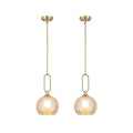 Amber Glass Pendant Light Set of 2 Modern Globe Pendant Lighting Nordic Ribbed Gold Ceiling Hanging Chandelier with Brushed Brass Adjustable Rods Dining Room Kitchen Island Light Fixture - color: Gold-Amber 2 Pack