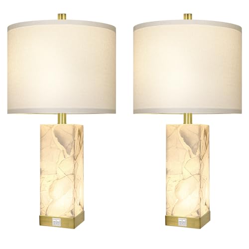 Scenekoy 23" Alabaster Table Lamps Set of 2 for Living Room Bedroom, Bedside Lamps with USB A+C Ports, Modern Table Lamp with Linen Shade for Living Room Bedroom Nightstand (Bulbs Included) - color: White-2