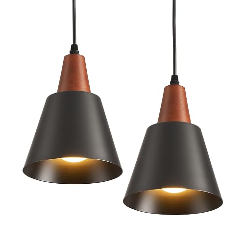 2 Pack Pendant Lights, Black Pendant Lights Kitchen Island,Wood Dome Minimalist Industrial Ceiling Hanging Lights for Kitchen Island, Barn, Dining Room, Living Roo m, Bedroom - color: Black