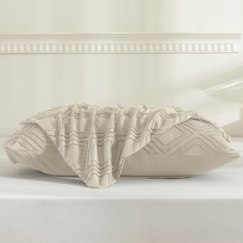 JELLYMONI Pillowcases King Size Light Sand 2 Pack Boho Plaid Bed Pillow Covers 20x36in Polyester Envelope Pillow Shams Tufted Bohemian Textured (Pillows are not Included) - color: 01 - Light Sand - Grid, size: 36" x 20" (Pack of 2)