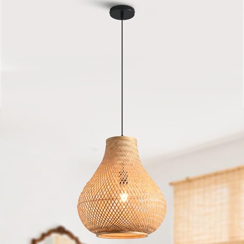 Farmhouse Pendant Light, 15" Hand-Woven Rattan Chandelier, Boho Natural Woven Ceiling Light for Kitchen Island Dining Room Bedroom, Rustic Hanging Light Fixture with Adjustable Cord, E26 Base - color: D3055