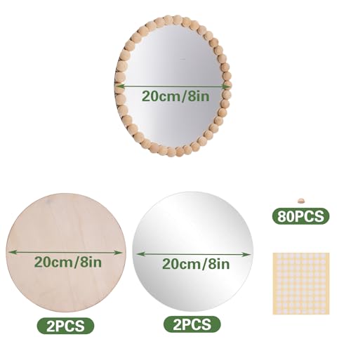 2 Set Boho Mirror Wall Décor DIY Kit, 8" Round Glass Mirror with Wood Beads, Rustic Farmhouse Decorative Wall Art for Living Room, Bedroom, Entryway (Assembly Required)