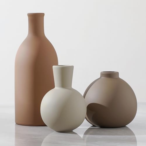 Ceramic Vase Set of 3, Vases Home Decor Rustic Farmhouse Decorative Vase Pottery Vases for Bouquet Pampas Grass Dried Fresh Flowers, Table Living Room Kitchen Bedroom Bathroom - Brown - color: 001-brown