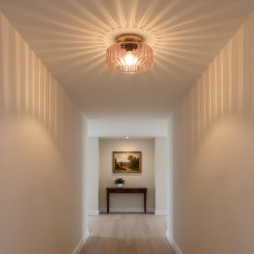 Pink Ribbed Glass Flush Mount Ceiling Light, 8.66" Modern Gold 1-Light Semi-Flush Mount Light Fixture, Mid-Century Round Ceiling Lamp for Bedroom Bathroom Hallway Entryway - color: Small, 8.66" Pink