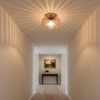 Pink Ribbed Glass Flush Mount Ceiling Light, 8.66" Modern Gold 1-Light Semi-Flush Mount Light Fixture, Mid-Century Round Ceiling Lamp for Bedroom Bathroom Hallway Entryway - color: Small, 8.66" Pink