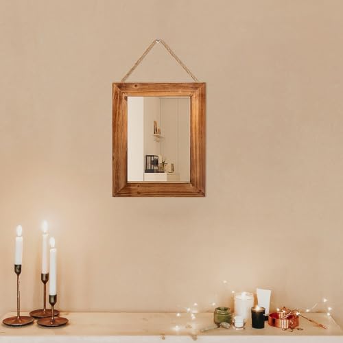 Wall Decorative Mirror 12 x 16 Inch Rust Farmhouse Rectangular Mirrors Wood Frame Mirror with Hanging Hemp Rope for Bedroom, Bathroom, Living Room, Entryway (Brown)