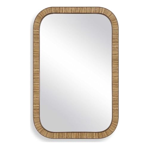 Pemberly Row Farmhouse Accent Wall Mirror, Rectangular Rattan-Style Frame, Dark Brown Finish, Rounded Corners, Durable Construction, Coastal or Farmhouse Decor for Living Room or Bedroom