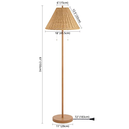 JONATHAN Y 61" Brown Wood Finish 2-Light Coastal Bohemian LED Floor Lamp for Living Room, Brown Rattan Shade, Mid-Century Modern Tall Standing Lamp, Pull-Chain, LED Bulbs Included JYL3092A - color: Brown Wood
