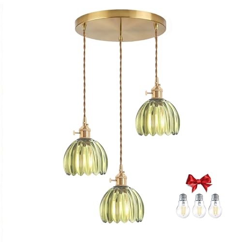 Green Tulip Glass Pendant Light, 3 Natural Light Bulbs Included, Adjustable Cord with Switch, Suitable for Kitchen Island/Dining Room - color: Green 3pcsTulip Pendant Light