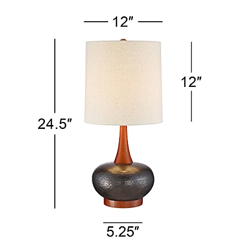 360 Lighting Andi Mid Century Modern Table Lamp 24.5" High Hammered Bronze Ceramic Wood Off White Tall Drum Shade for Living Room Bedroom House Bedside Nightstand Home Office (Color May Vary) - color: Wood and Dark Hammered Ceramic