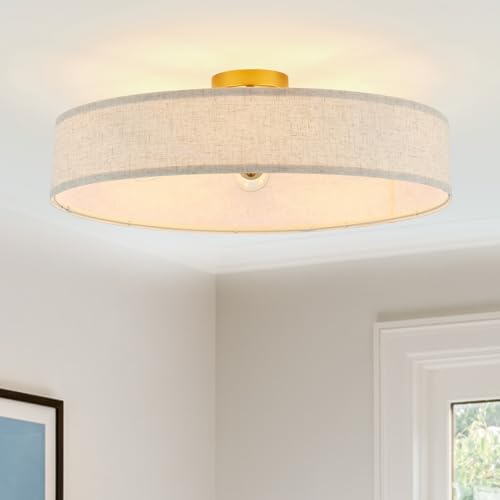 VILUXY Gold Semi-Flush Mount Ceiling Light Fixture 24" Large Modern Ceiling Light with Linen Fabric Drum Shade 5-Light Round Ceiling Lamp for Bedroom Dining Room Entryway - color: Gold&Linen