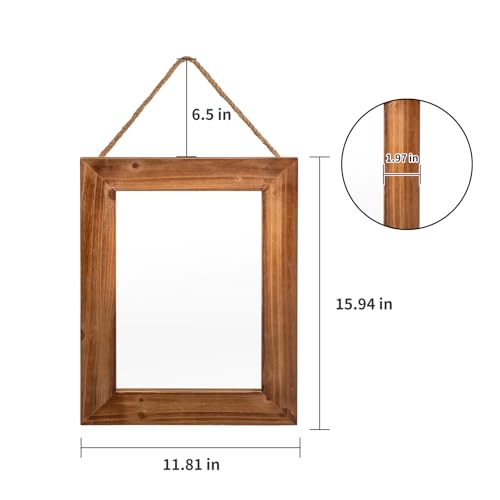 Wall Decorative Mirror 12 x 16 Inch Rust Farmhouse Rectangular Mirrors Wood Frame Mirror with Hanging Hemp Rope for Bedroom, Bathroom, Living Room, Entryway (Brown)