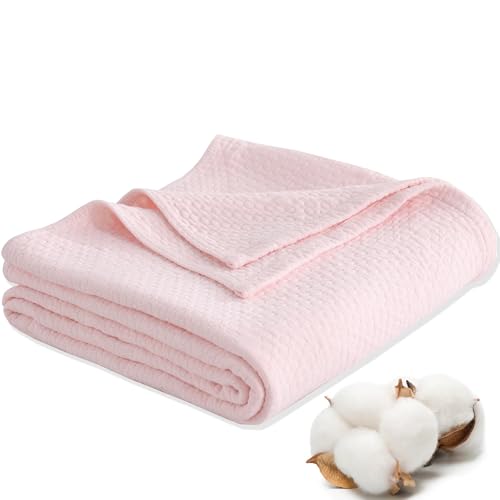 Premium 100% Cotton Blanket – All-Season Soft Breathable Bed Blanket for Throw Size – Lightweight Stylish Textured Throw for Bed– Giftable Cozy Bedding - color: Pink, size: Throw (50"x60")