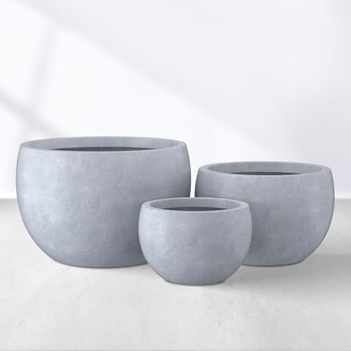 Kante 19.9",15.7",11.8" Dia Round Concrete Planter Set of 3, Outdoor/Indoor Large Bowl Plant Pots with Drainage Hole and Rubber Plug for Garden Patio Balcony Home, Gray - color: Gray, size: 19.9"D + 15.7"D + 11.8"D