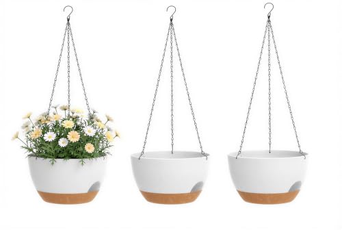 Hanging Planters 3-Pack, 8 Inch Self-Watering Hanging Pots with Drainage Hole and Chains, Plastic Planters for Indoor Outdoor（White Brown） - color: White Brown, size: 8 inches