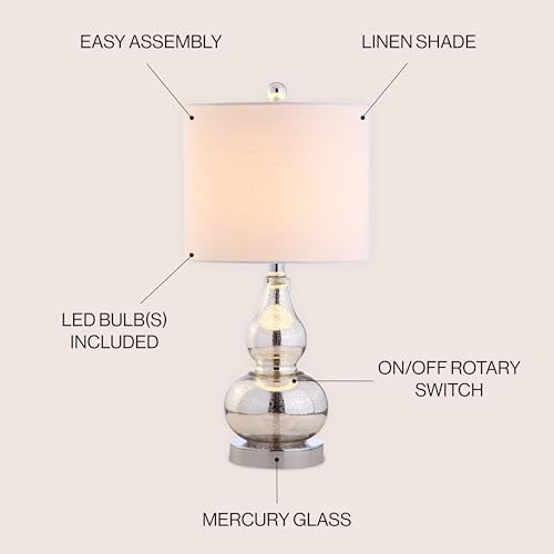 JONATHAN Y 20.5" Mercury Silver Glass Table Lamp, Modern Gourd Bedside Nightstand Lamp for Bedroom, Living Room, White Linen Shade, LED Bulb Included (JYL1028C) - color: Mercury Silver, size: Single