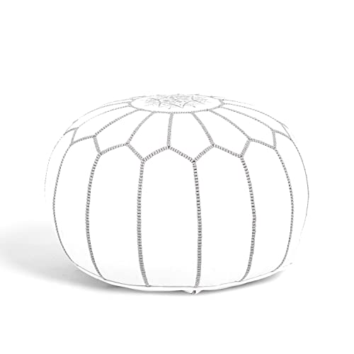 Marrakesh Gallery Genuine Leather Round Pouf Unstuffed - Moroccan Ottoman Footstool, Footrest Cover - Boho Decor - Bohemian Living Room, Bedroom, Kids Room, Gift & Wedding - color: White By Grey