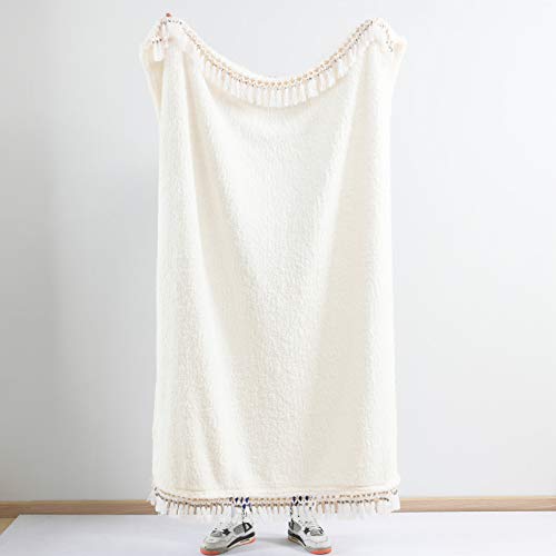 Ultra Soft Cozy Sherpa Throw Blanket, Light Weight Warm Decorative Throw Blanket with Tassel, Solid Antique White Pattern Reversible Boho Style Blanket for Sofa, Couch, Bedroom,Travel, 50”x60” - color: Antique White With Tassel, size: Throw-50'' x 60''