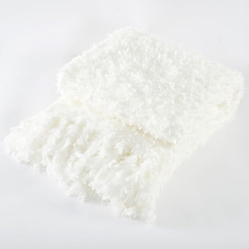 Winter Knit Throw Blanket Fluffy Fuzzy Soft Lightweight Cozy Farmhouse Tassels Chunky Knitted Throws for Couch Sofa Bed (White, 50"x60") - color: White, size: 50"x60"