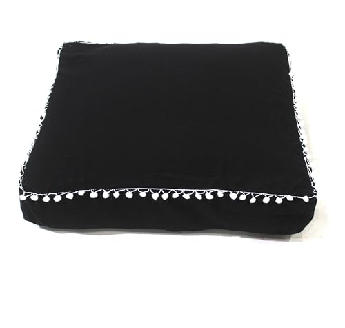 Round Mandala Floor Pillow Cover Seating Cushion Throw Cover Hippie Decorative Bohemian Ottoman Pouf Cover, Pom Pom Pillow Cases,Boho Indian (Black, 18" Square) - color: Black, size: 18"D x 5"W x 18"H